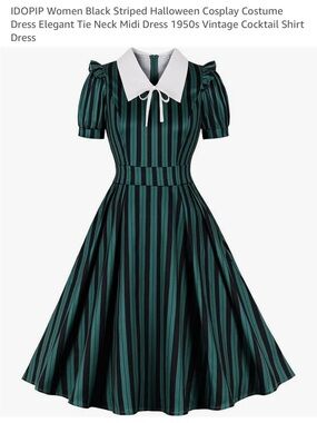 Cosplay Striped Black and Teal Tie-Neck Midi Dress